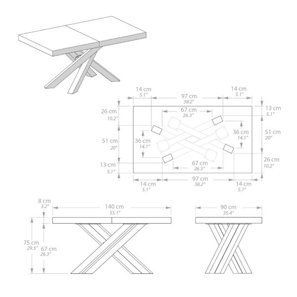 Emma 55.11(86.6)x35.4 in Extendable Table, Concrete Effect, Grey with White Crossed Legs technical image 2