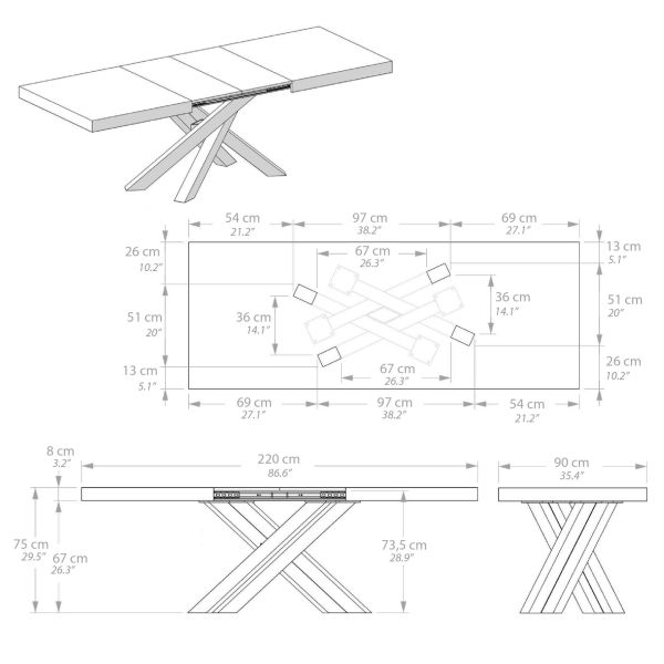 Emma 55.11(86.6)x35.4 in Extendable Table, Concrete Effect, Grey with White Crossed Legs technical image 3