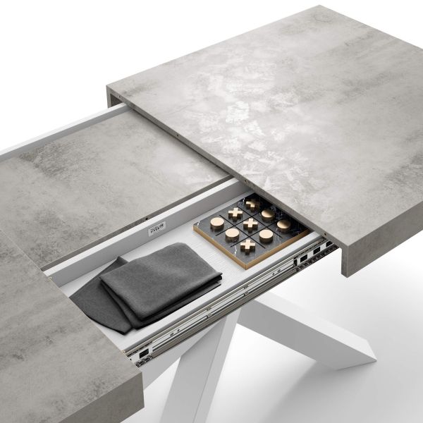 Emma 55.11(86.6)x35.4 in Extendable Table, Concrete Effect, Grey with White Crossed Legs detail image 2