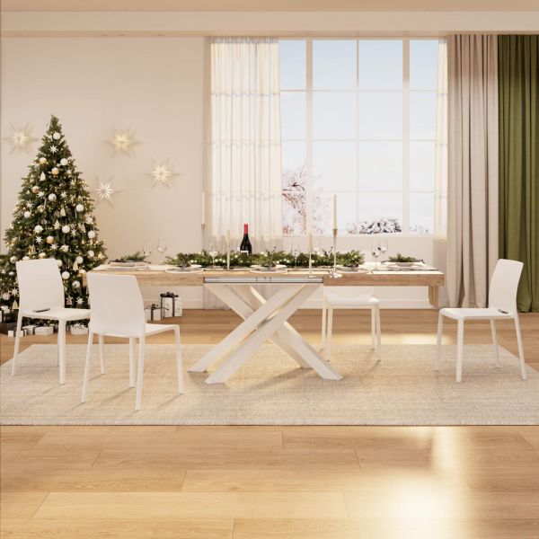 Emma 55.11(86.6)x35.4 in Extendable Table, Oak with White Crossed Legs