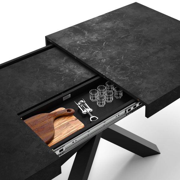Emma 55.11(86.6)x35.4 in, Extendable Dining Table, Concrete Effect, Black with Black Crossed Legs detail image 2