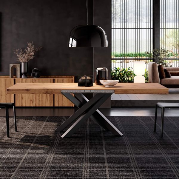 Emma 63(94.5)x35.4 in Extendable Table, Rustic Oak with Black
