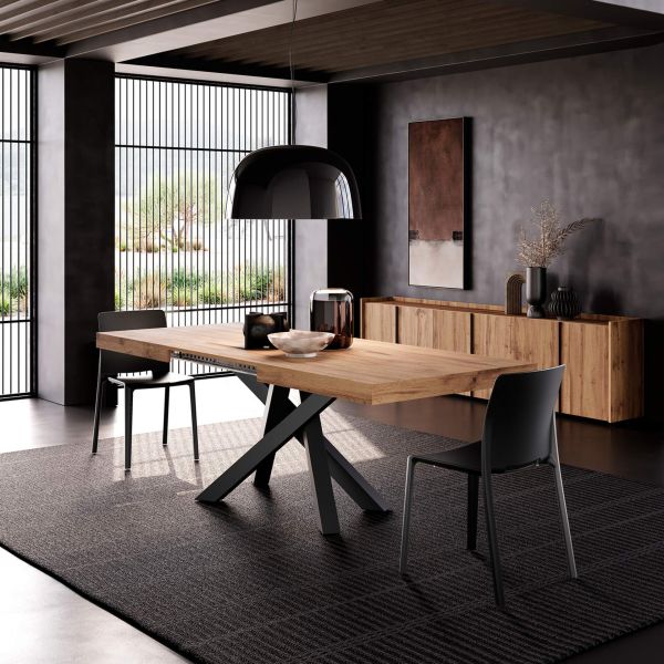 Emma 63(94.5)x35.4 in Extendable Table, Rustic Oak with Black