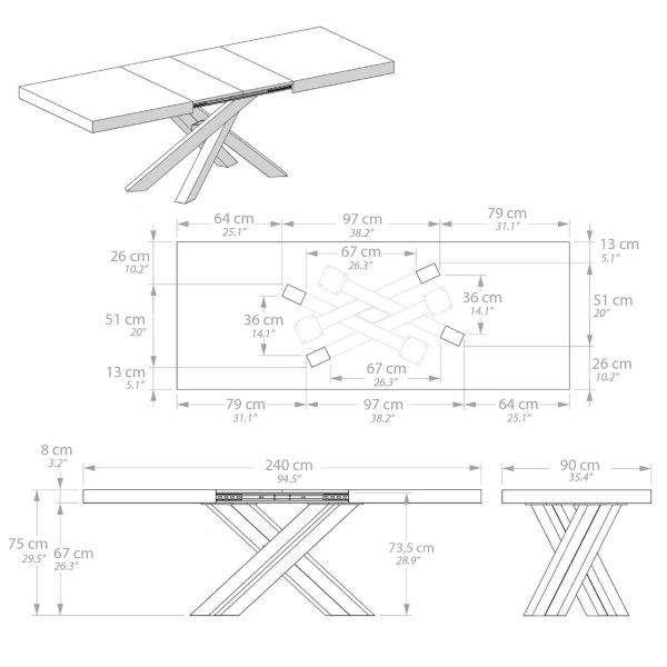 Emma 63(94.5)x35.4 in Extendable Table, Oak with Black Crossed Legs technical image 3