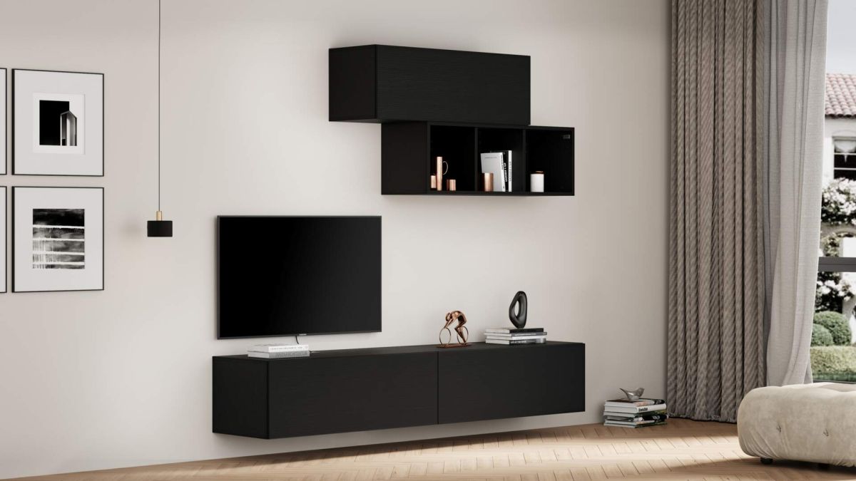 Easy Wall TV Unit with Flap Door, Ashwood Black set image 1