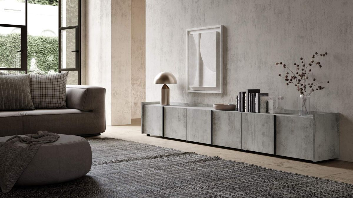 Romina Low Sideboard (107.71x14.17x27.55 in), 4 Doors, Concrete Grey Effect set image 1