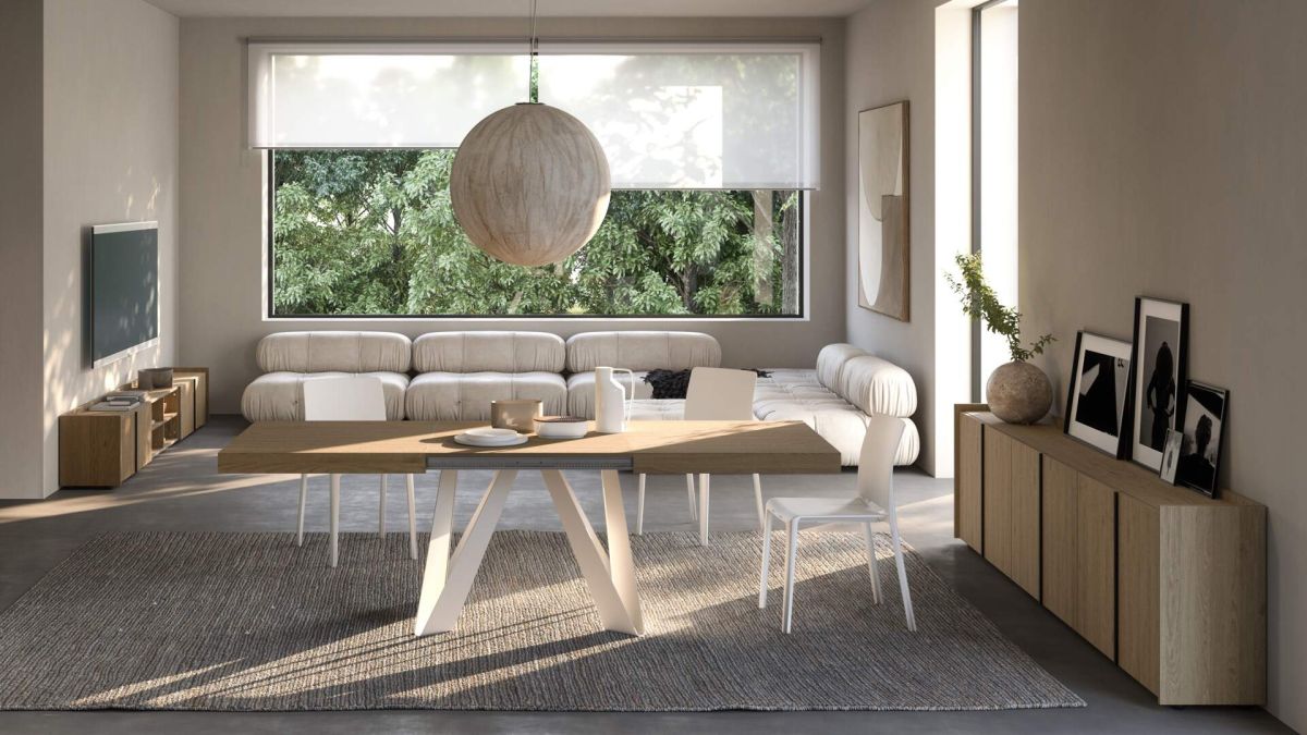 Romina Extendable Table 55.1(86.6)x35.4 in, Light Oak with White Iron Legs set image 2