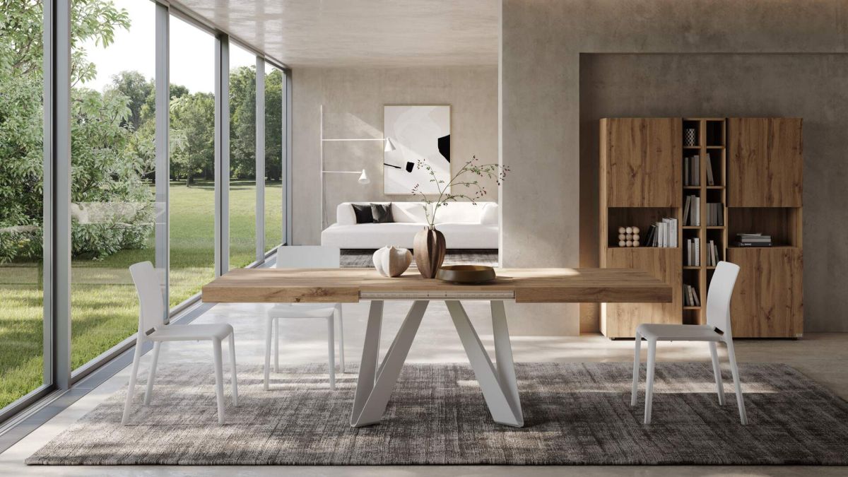 Romina Extendable Table 63(94.5)x35.4 in, Rustic Oak with White Iron Legs set image 2