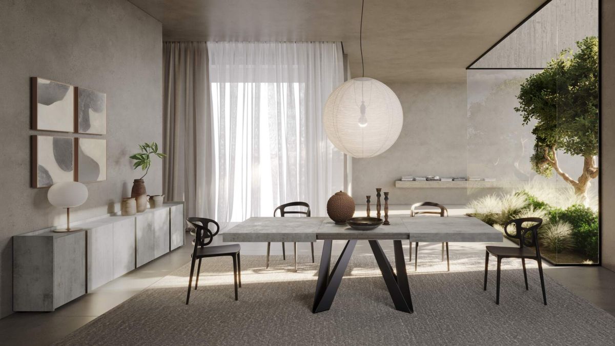 Romina Extendable Table 63(94.5)x35.4 in, Concrete Grey Effect with Black Iron Legs set image 1