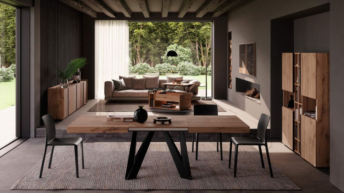 Romina Extendable Table 55.1(86.6)x35.4 in, Rustic Oak with Black Iron Legs set image 2