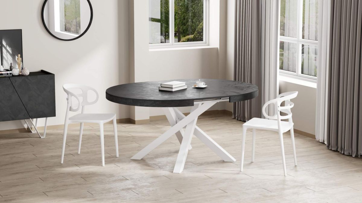 Emma Round Extendable Table, 47.2 - 63 in, Concrete Effect, Black with White crossed legs set image 3