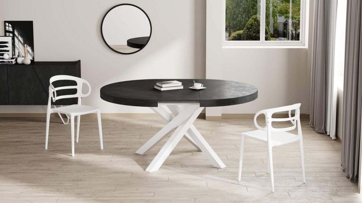 Emma Round Extendable Table, 47.2 - 63 in, Concrete Effect, Black with White crossed legs set image 2