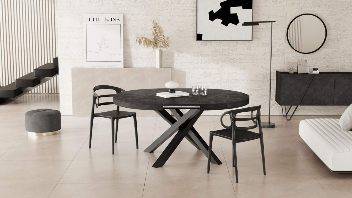 Emma Round Extendable Table, 47.2 - 63 in, Concrete Effect, Black with Black crossed legs set image 4