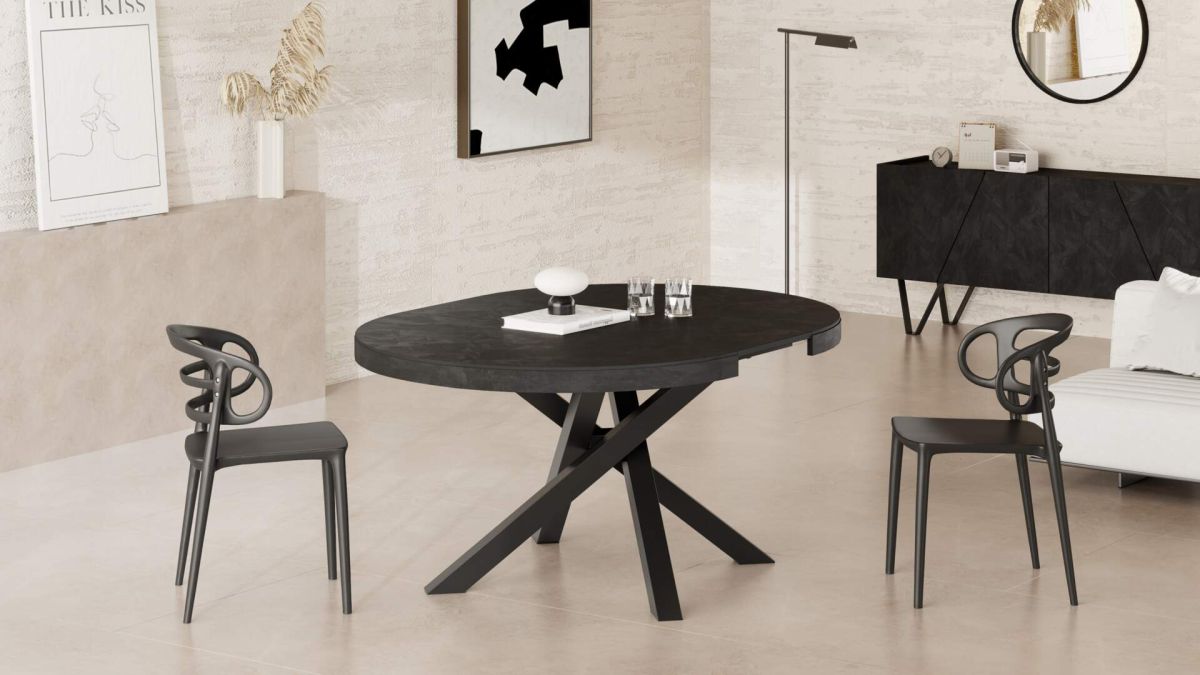 Emma Round Extendable Table, 47.2 - 63 in, Concrete Effect, Black with Black crossed legs set image 5
