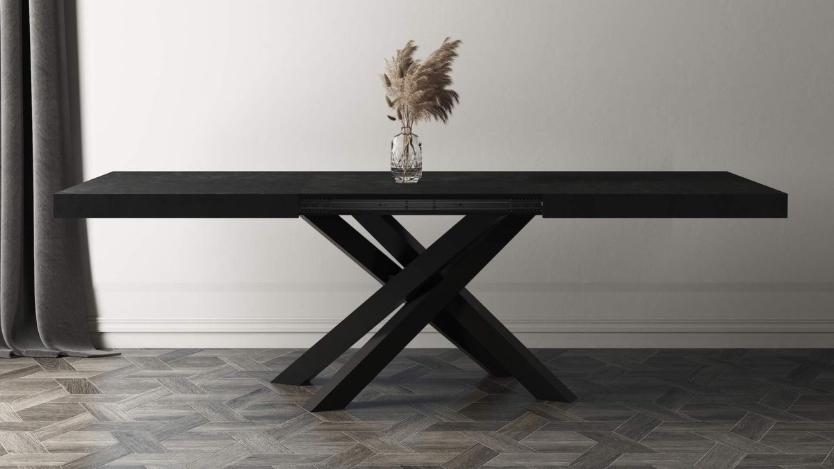 Emma 55.11(86.6)x35.4 in, Extendable Dining Table, Concrete Effect, Black with Black Crossed Legs set image 1