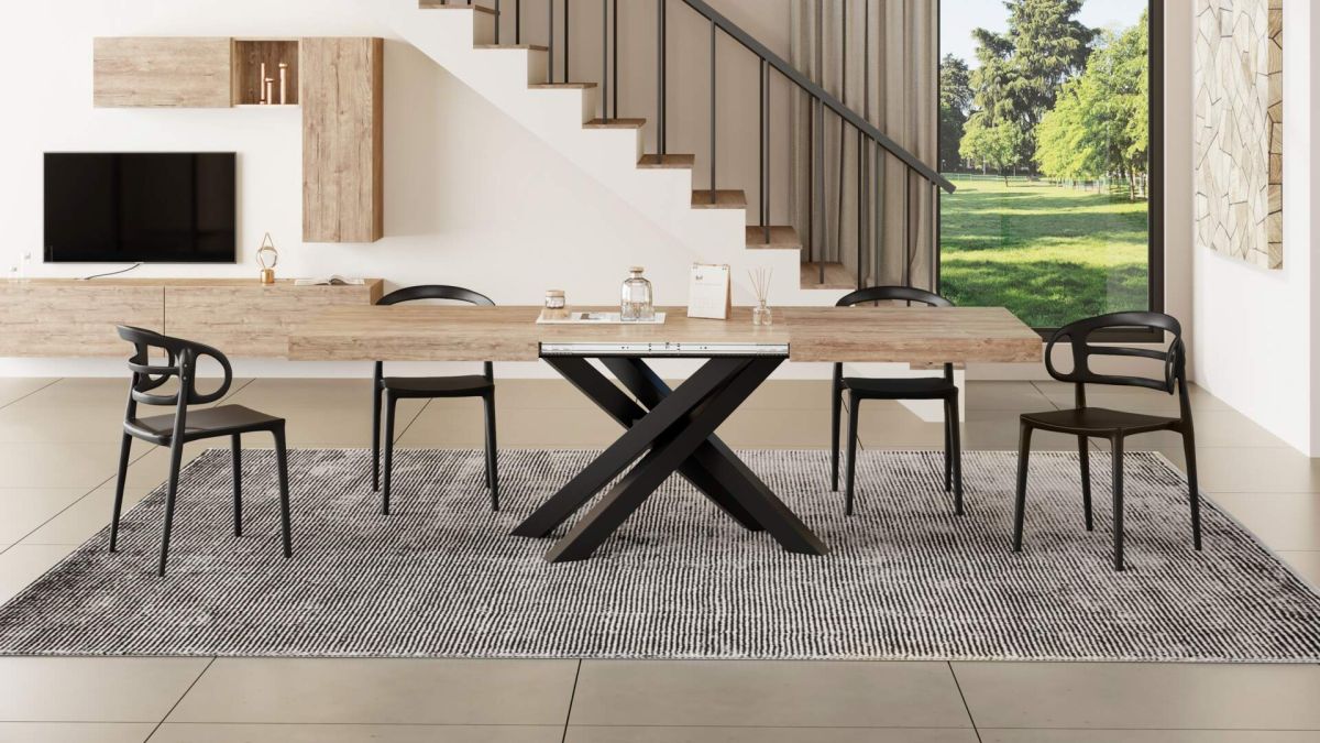 Emma 63(94.5)x35.4 in Extendable Table, Oak with Black Crossed Legs set image 3