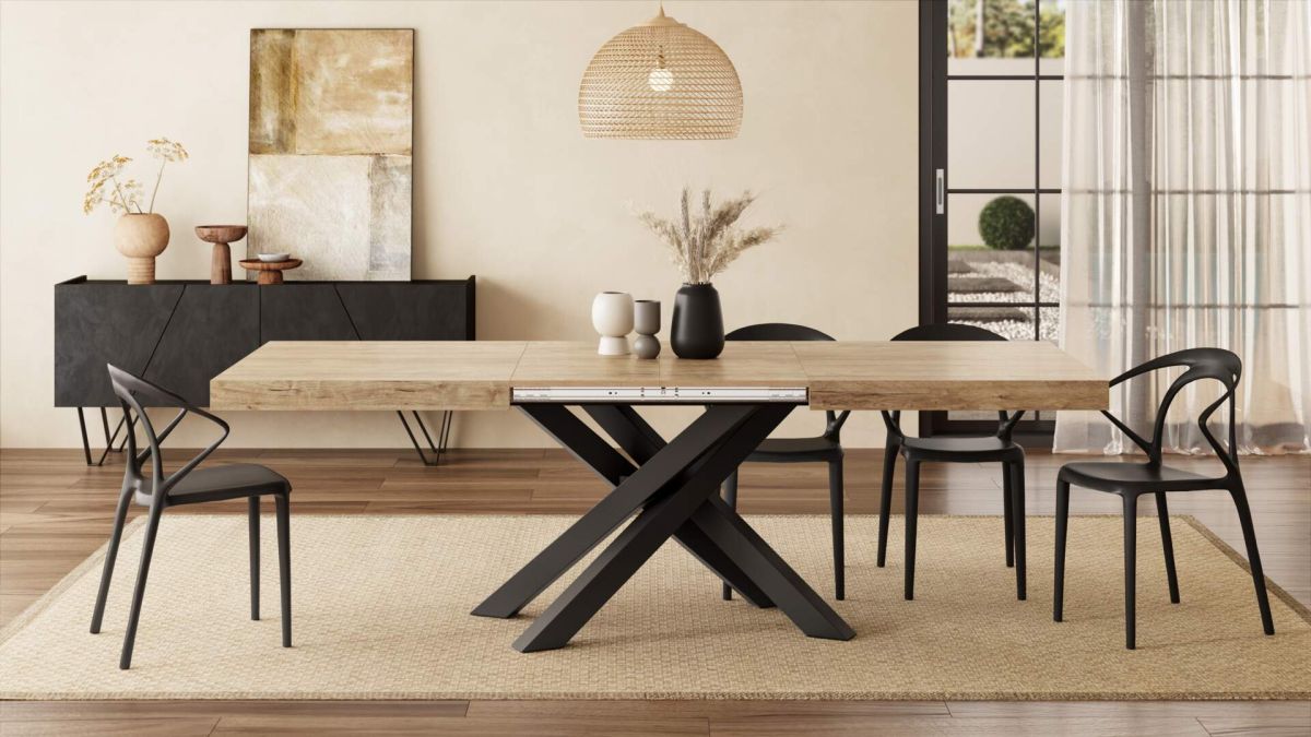 Emma 63(94.5)x35.4 in Extendable Table, Oak with Black Crossed Legs set image 2