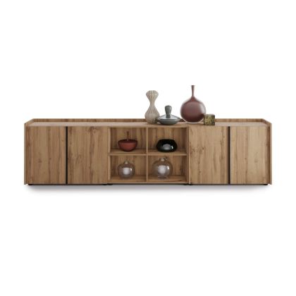 Romina Low Sideboard (107.71x14.17x27.55 in), 4 Doors, Rustic Oak