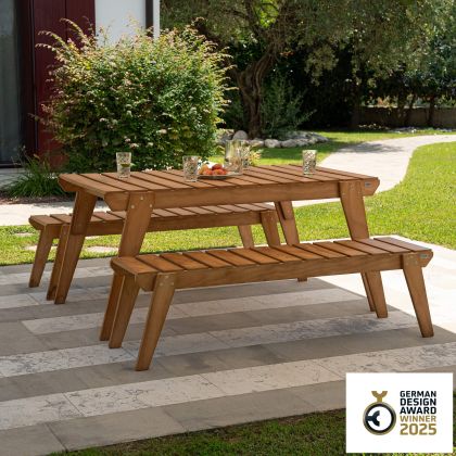 Elena Garden Set in Teak Color Wood, Table (63x31.5 inches) And 2 Benches with Three Seats