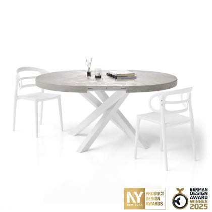 Emma Round Extendable Table, 47.2 - 63 in, Concrete Effect, Grey with White crossed legs