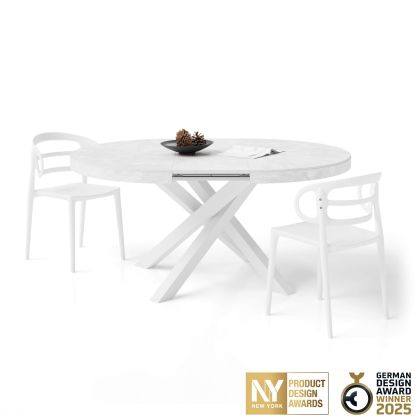 Emma Round Extendable Table, 47.2 - 63 in, Concrete Effect, White with White crossed legs