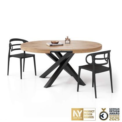 Emma Round Extendable Table, 47.2 - 63 in, Rustic Oak with Black crossed legs