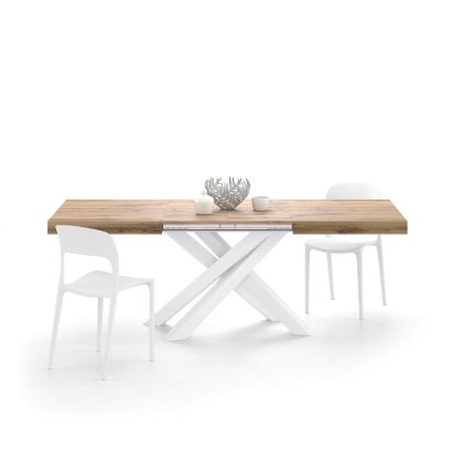 Emma 55.11(86.6)x35.4 in Extendable Table, Rustic Oak with White Crossed Legs