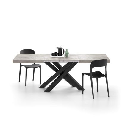 Emma 55.11(86.6)x35.4 in Extendable Table, Concrete Effect, Grey with Black Crossed Legs