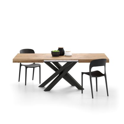 Emma 55.11(86.6)x35.4 in Extendable Table, Rustic Oak with Black Crossed Legs