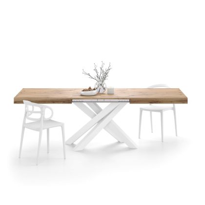 Emma 63(94.5)x35.4 in Extendable Table, Rustic Oak with White Crossed Legs