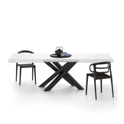 Emma 63(94.5)x35.4 in Extendable Table, Concrete Effect, White with Black Crossed Legs